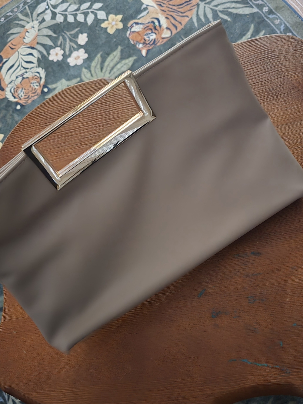 Elegant Taupe Clutch Bag with Gold Accent